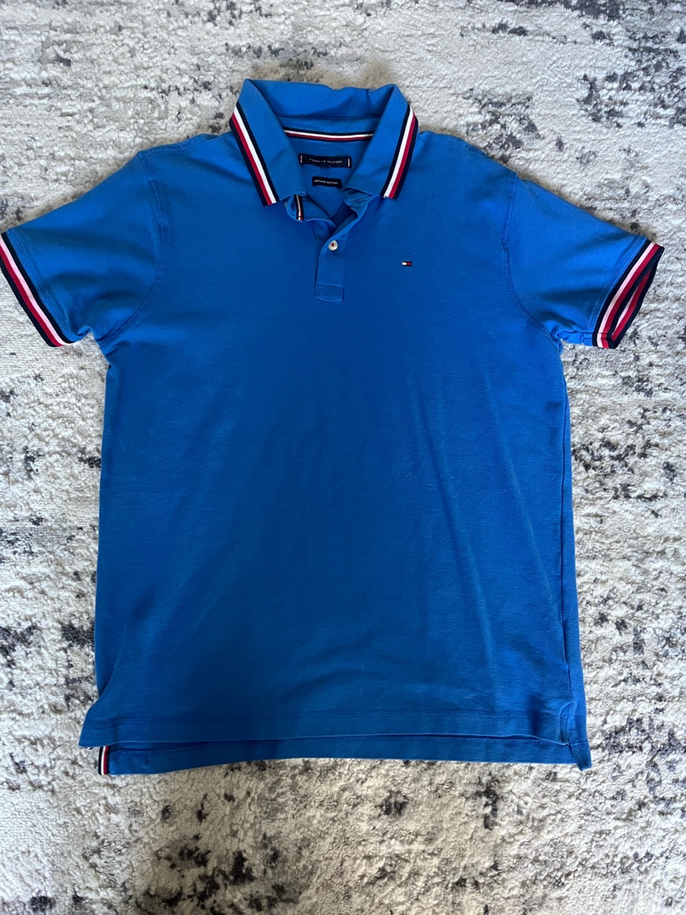 Tommy Hilfiger Men's Bright Blue Polo with Red-White-Navy Trim